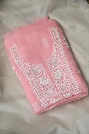Organza Chikankari Length with Dupatta (Pearl Work) - Pink