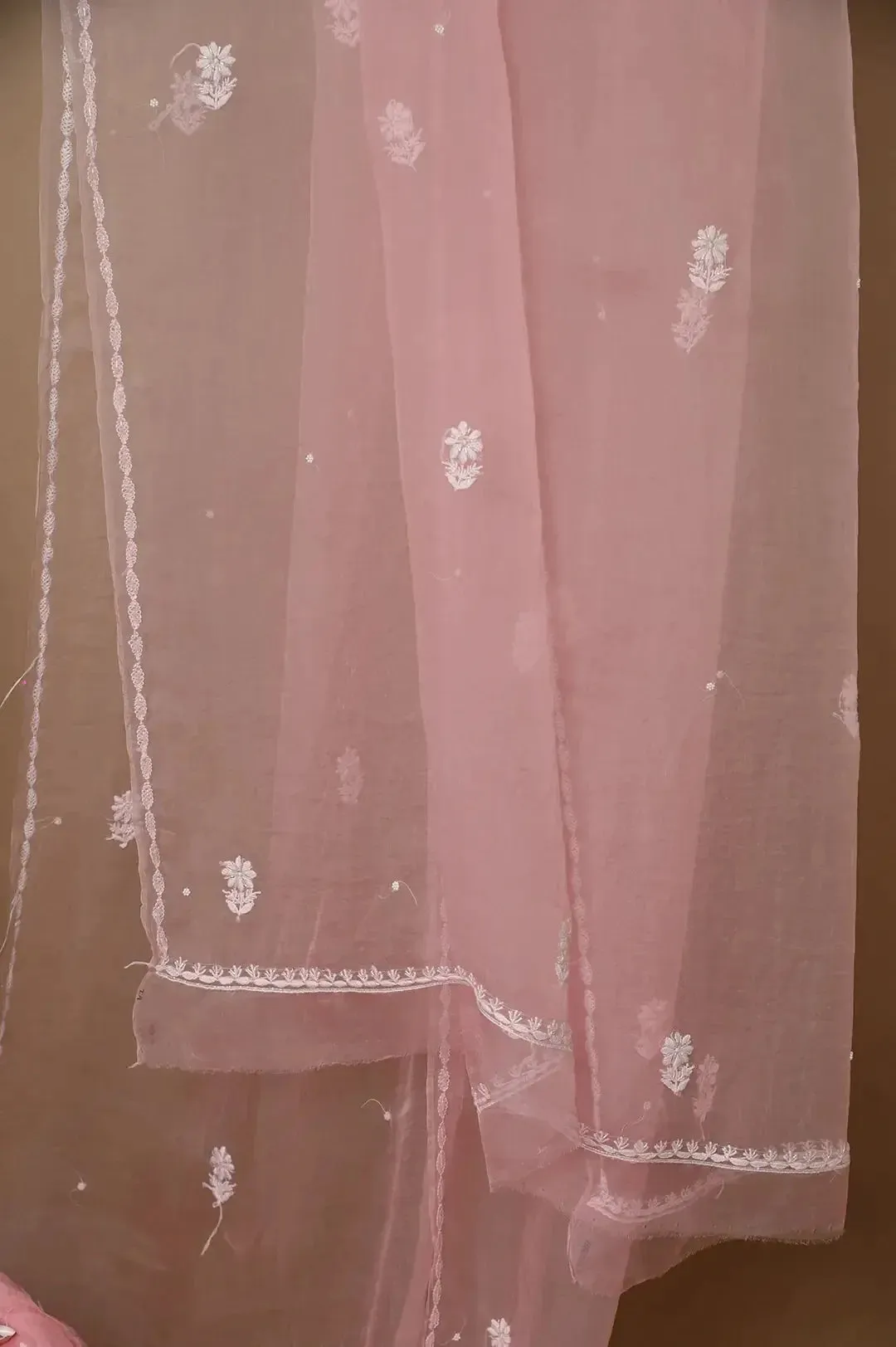 Organza Chikankari Length with Dupatta (Pearl Work) - Pink