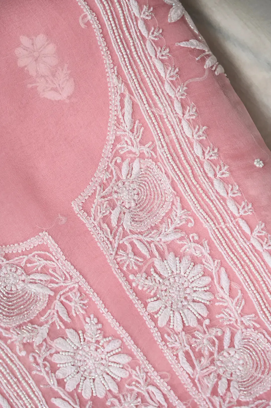 Organza Chikankari Length with Dupatta (Pearl Work) - Pink