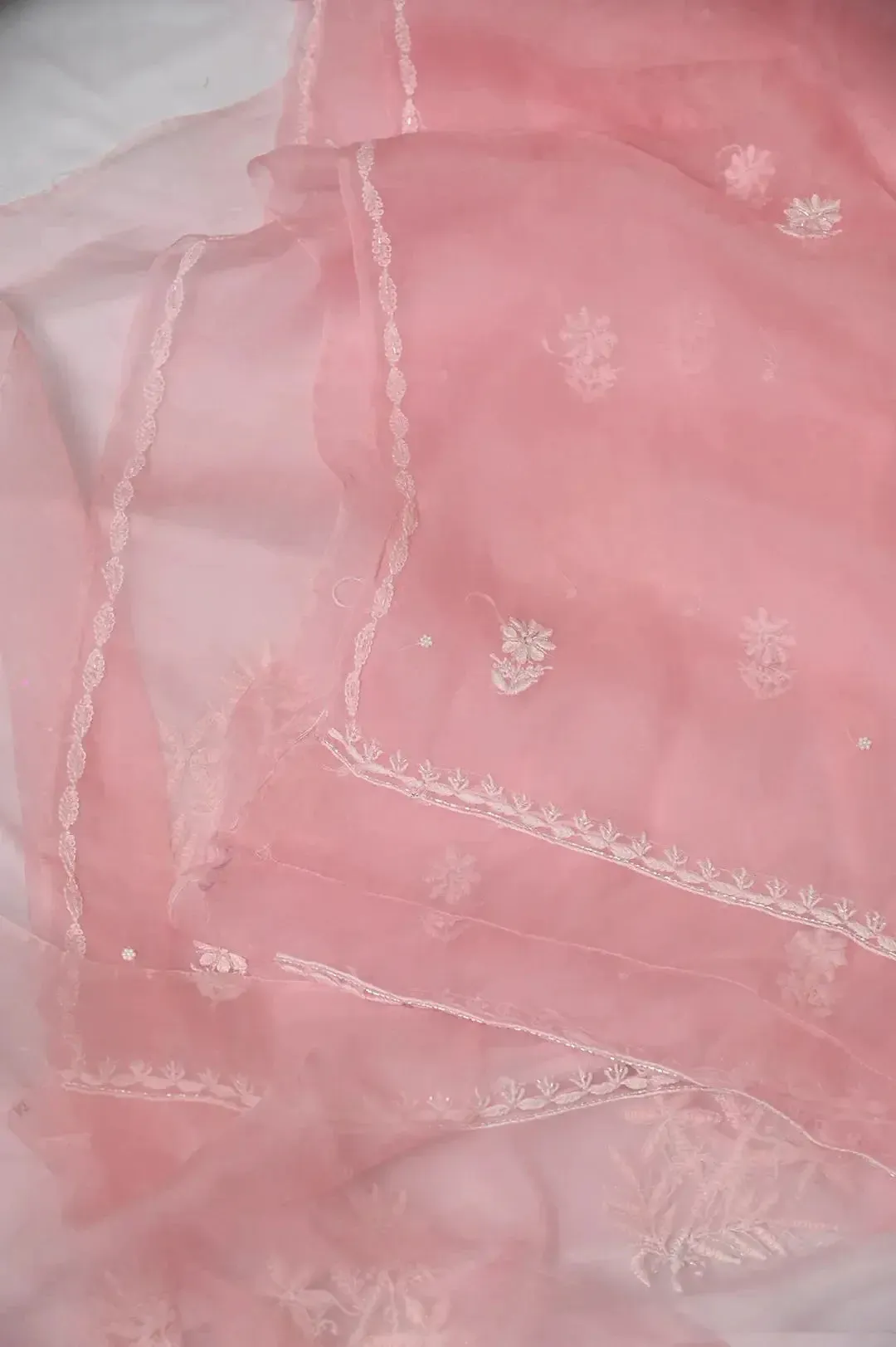 Organza Chikankari Length with Dupatta (Pearl Work) - Pink
