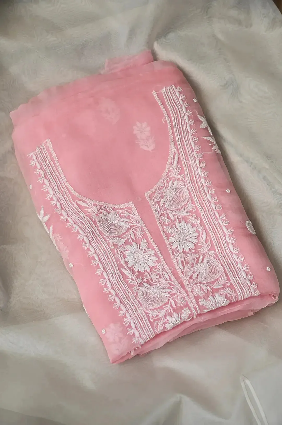 Organza Chikankari Length with Dupatta (Pearl Work) - Pink
