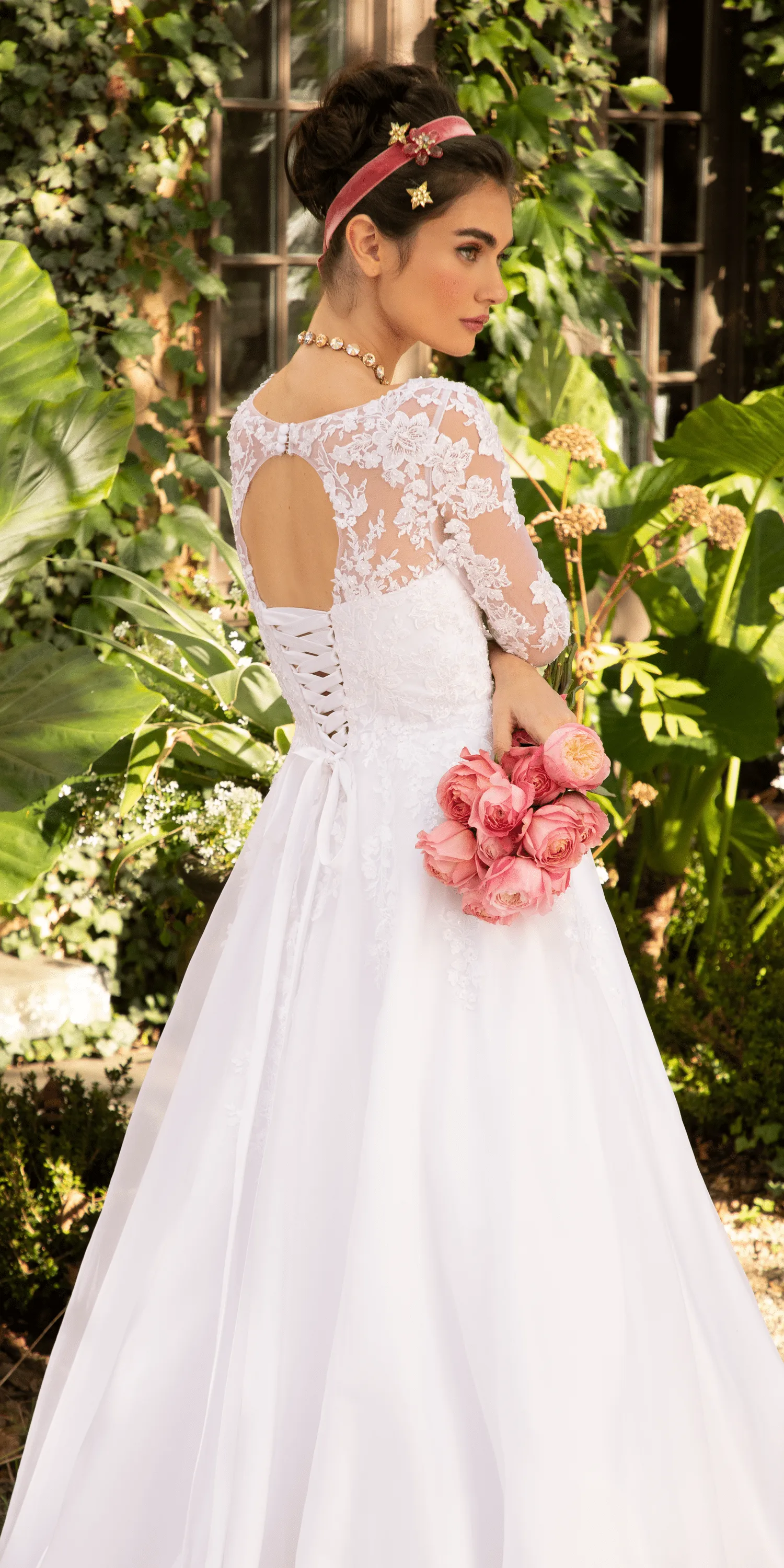 Organza V Neck Long Sleeve Lace Up Back Ballgown with Embellished Appliques