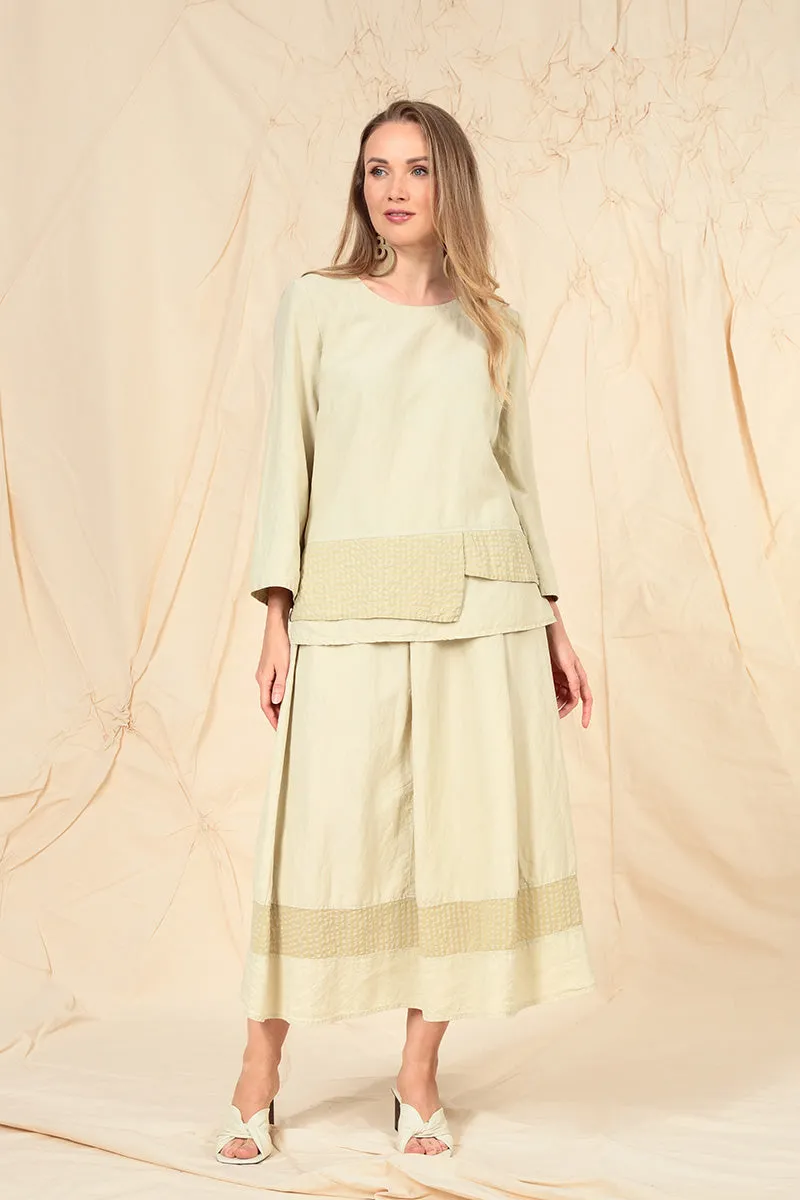 Panelled Laurel Green Textured Silk Linen Skirt
