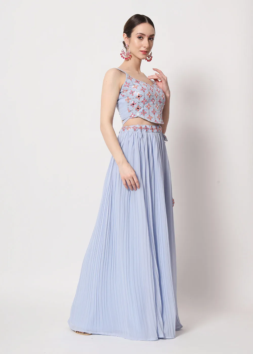 Party Wear Exquisite Sky-Blue Georgette Crushed Lehenga Choli
