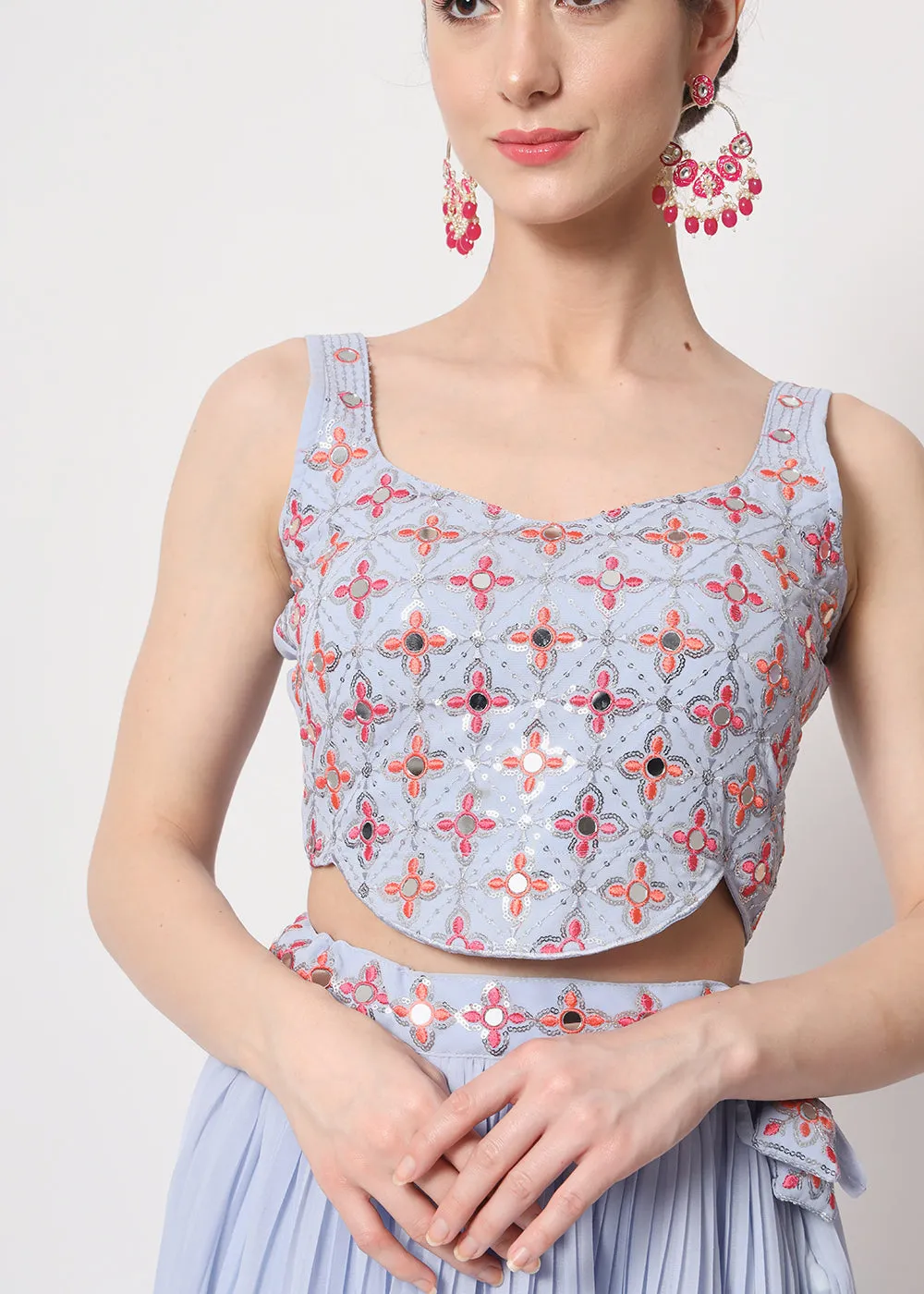 Party Wear Exquisite Sky-Blue Georgette Crushed Lehenga Choli