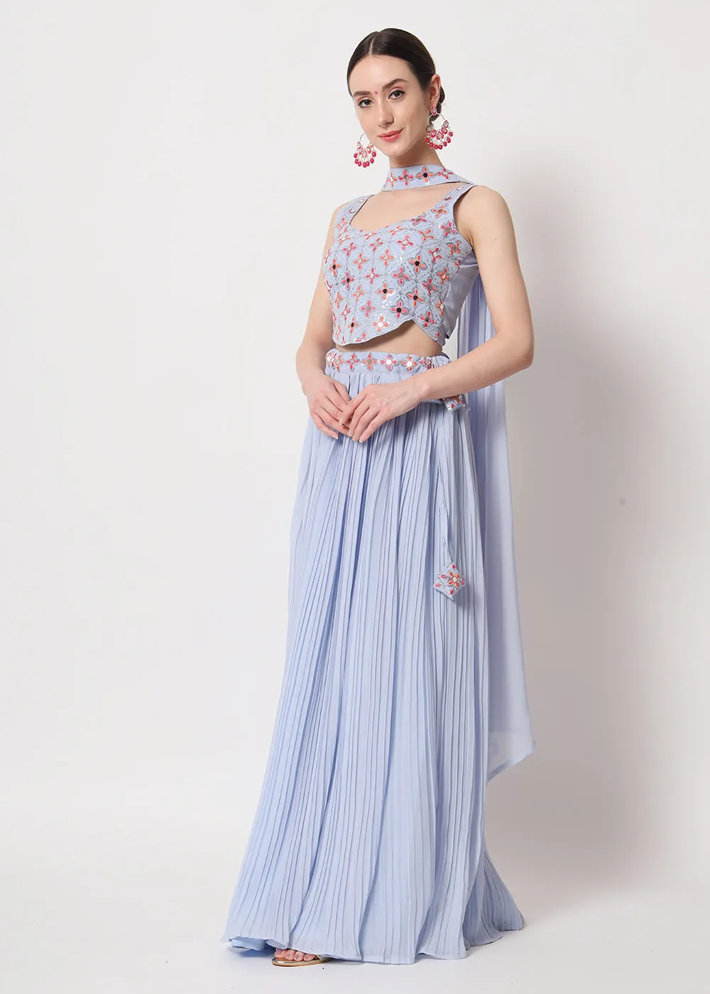 Party Wear Exquisite Sky-Blue Georgette Crushed Lehenga Choli