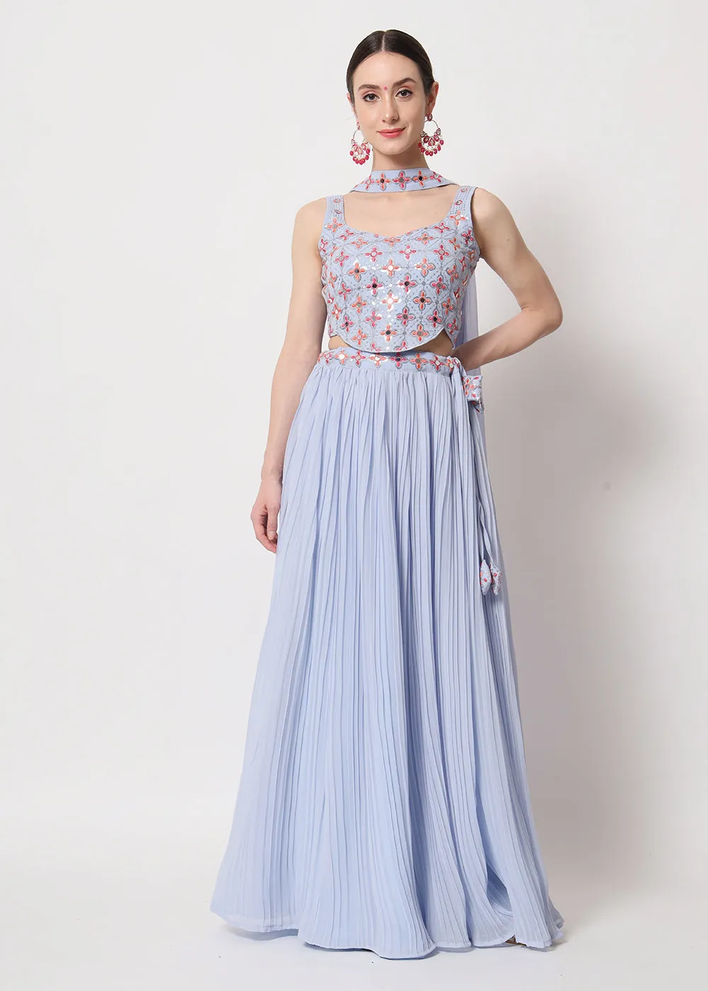 Party Wear Exquisite Sky-Blue Georgette Crushed Lehenga Choli
