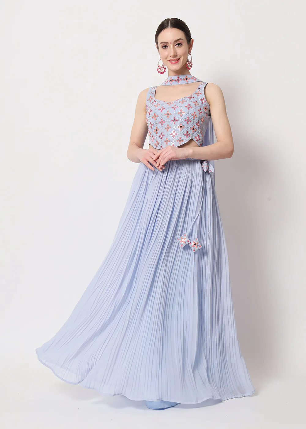 Party Wear Exquisite Sky-Blue Georgette Crushed Lehenga Choli