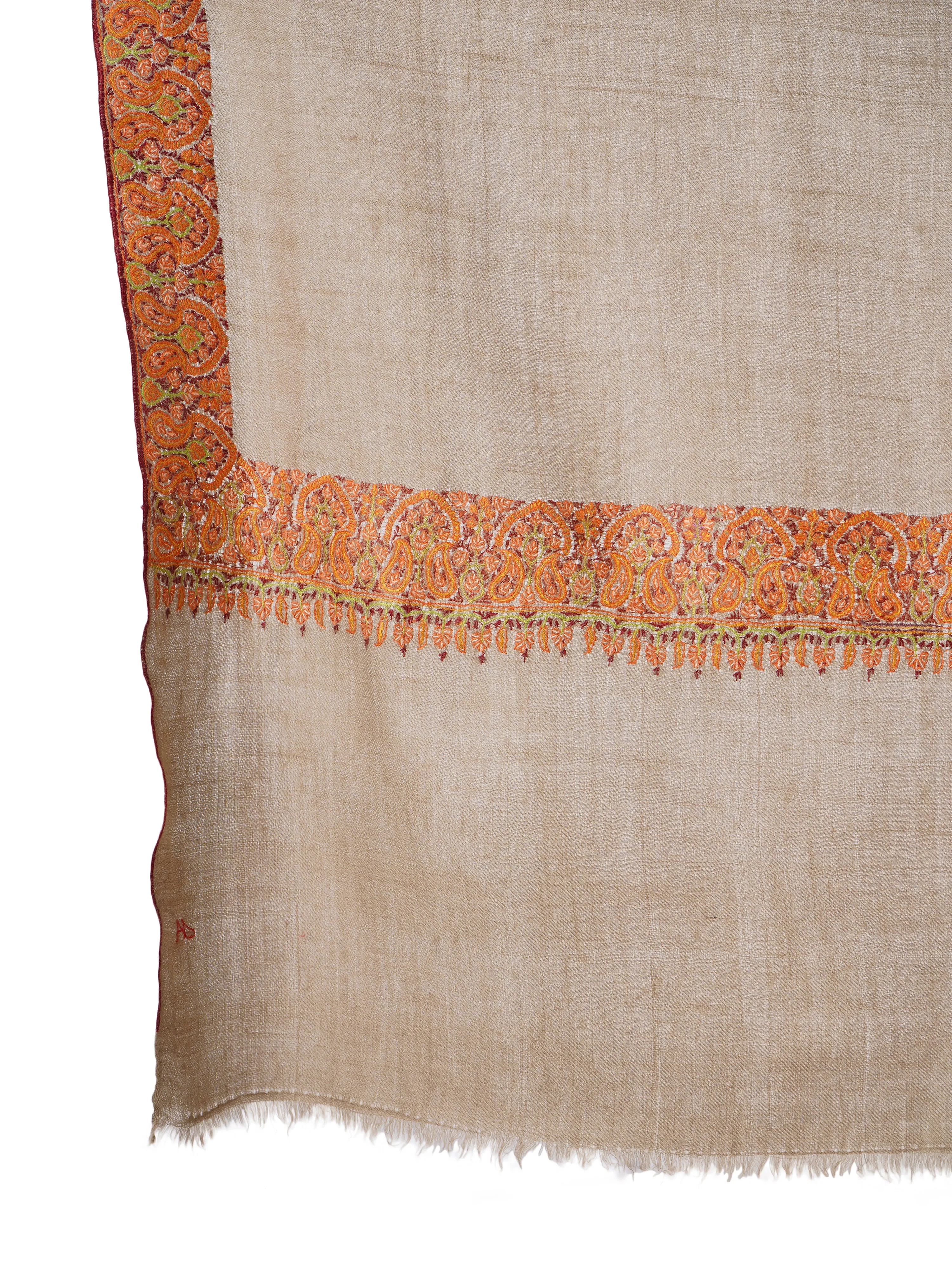Pashmina Shawl with Exotic Floral Sozni Embroidery - Handmade and Hand-Embroidered - Natural Tosh