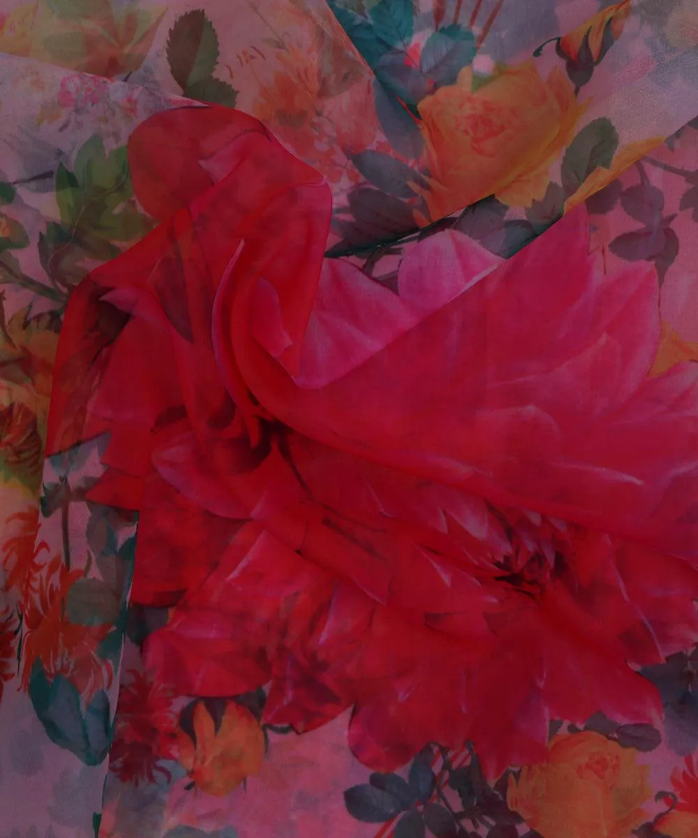 Peach Colour Floral Print Organza Fabric