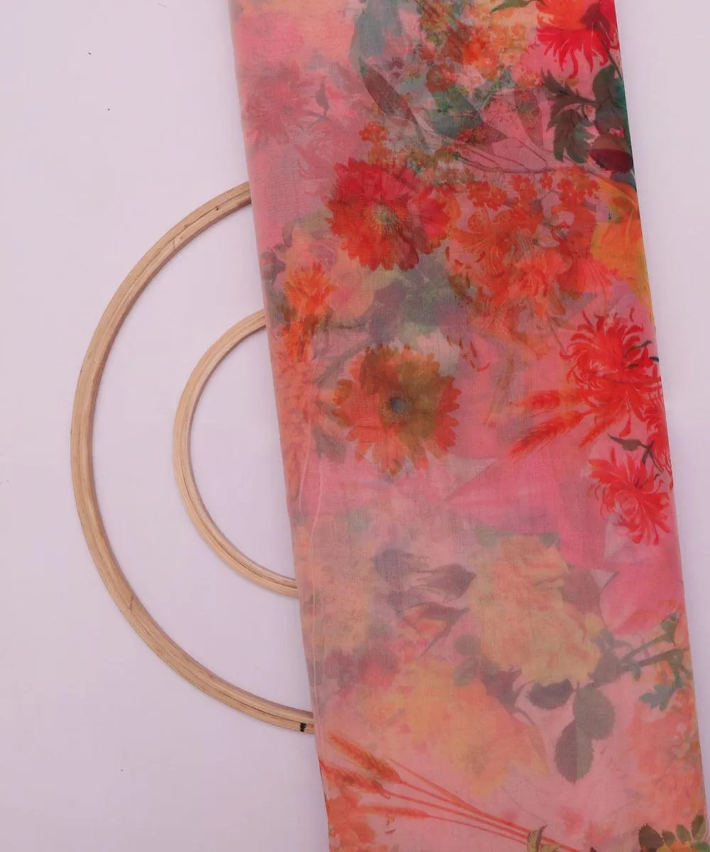 Peach Colour Floral Print Organza Fabric