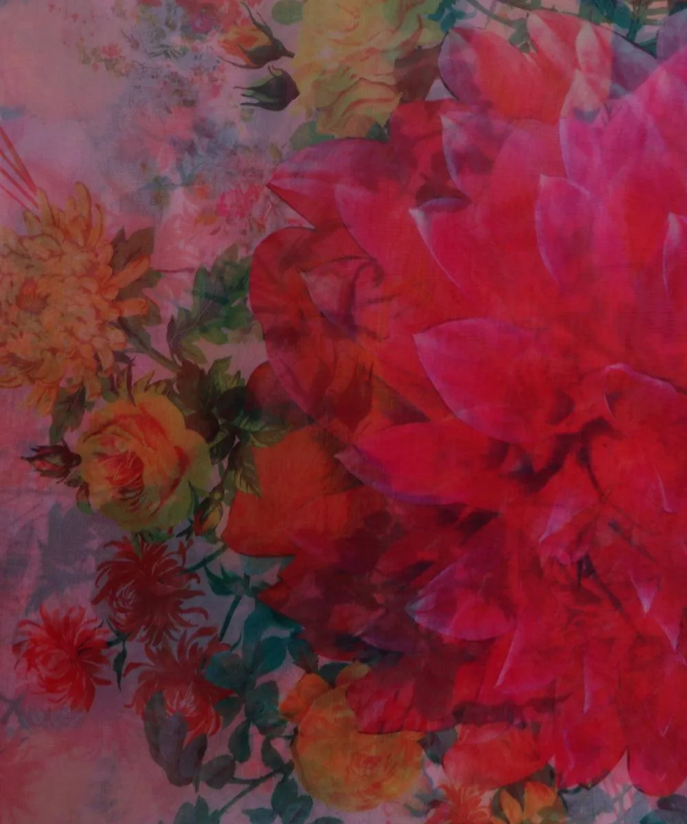 Peach Colour Floral Print Organza Fabric