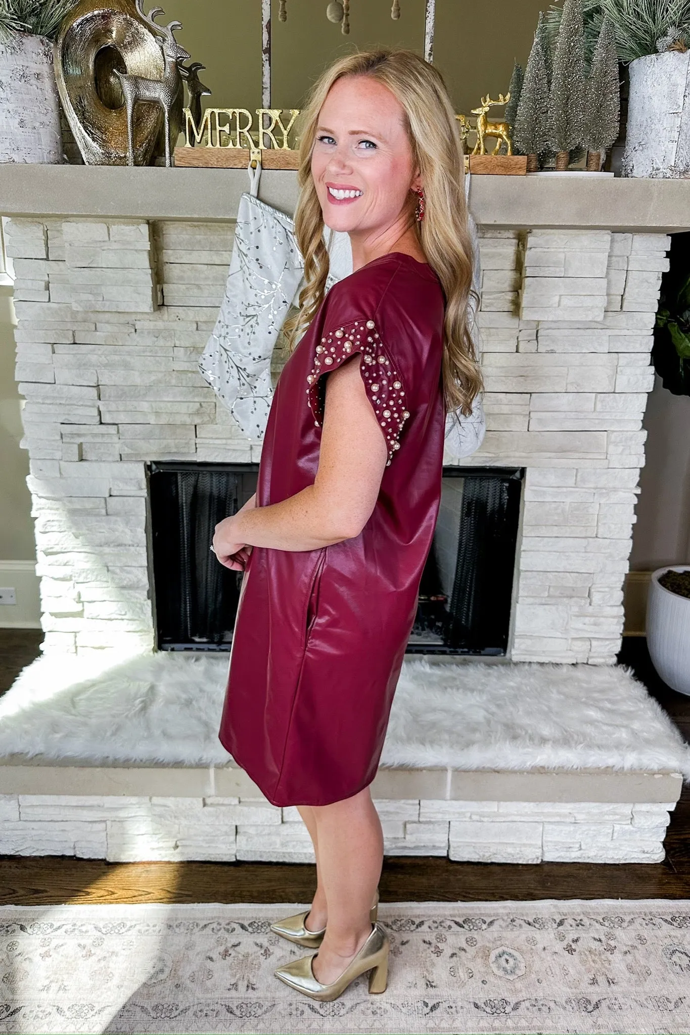 Pearl Studded Cap Sleeve Pleather Dress in Merlot