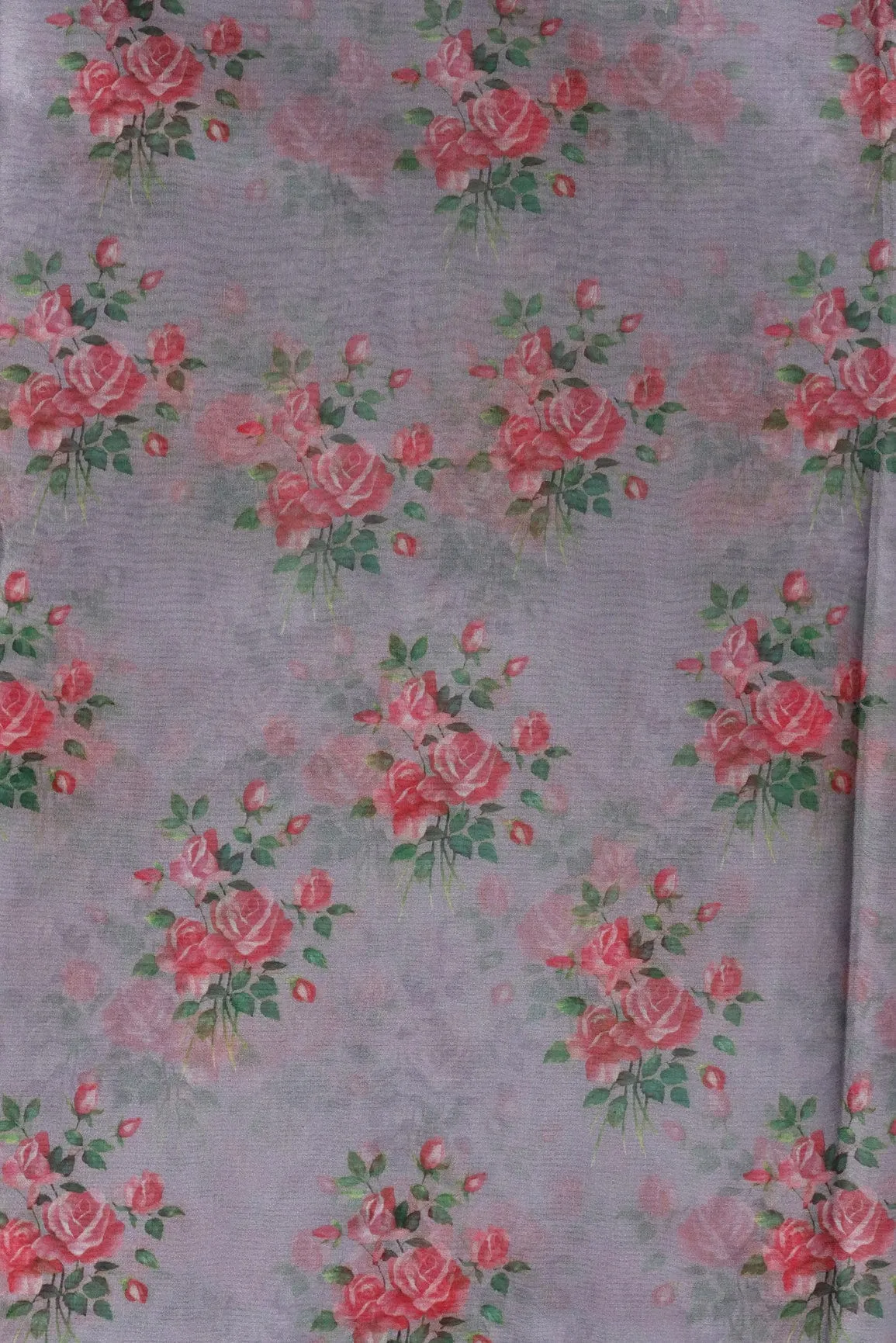 Pink And Green Beautiful Floral Digital Print On Grey Organza Fabric