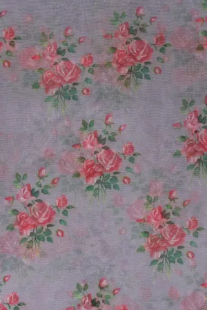 Pink And Green Beautiful Floral Digital Print On Grey Organza Fabric
