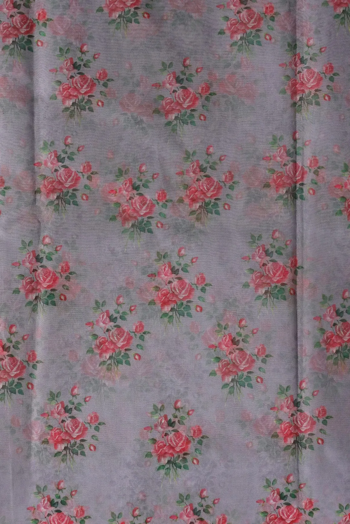 Pink And Green Beautiful Floral Digital Print On Grey Organza Fabric