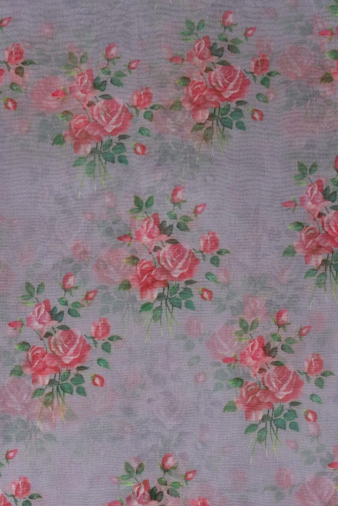 Pink And Green Beautiful Floral Digital Print On Grey Organza Fabric