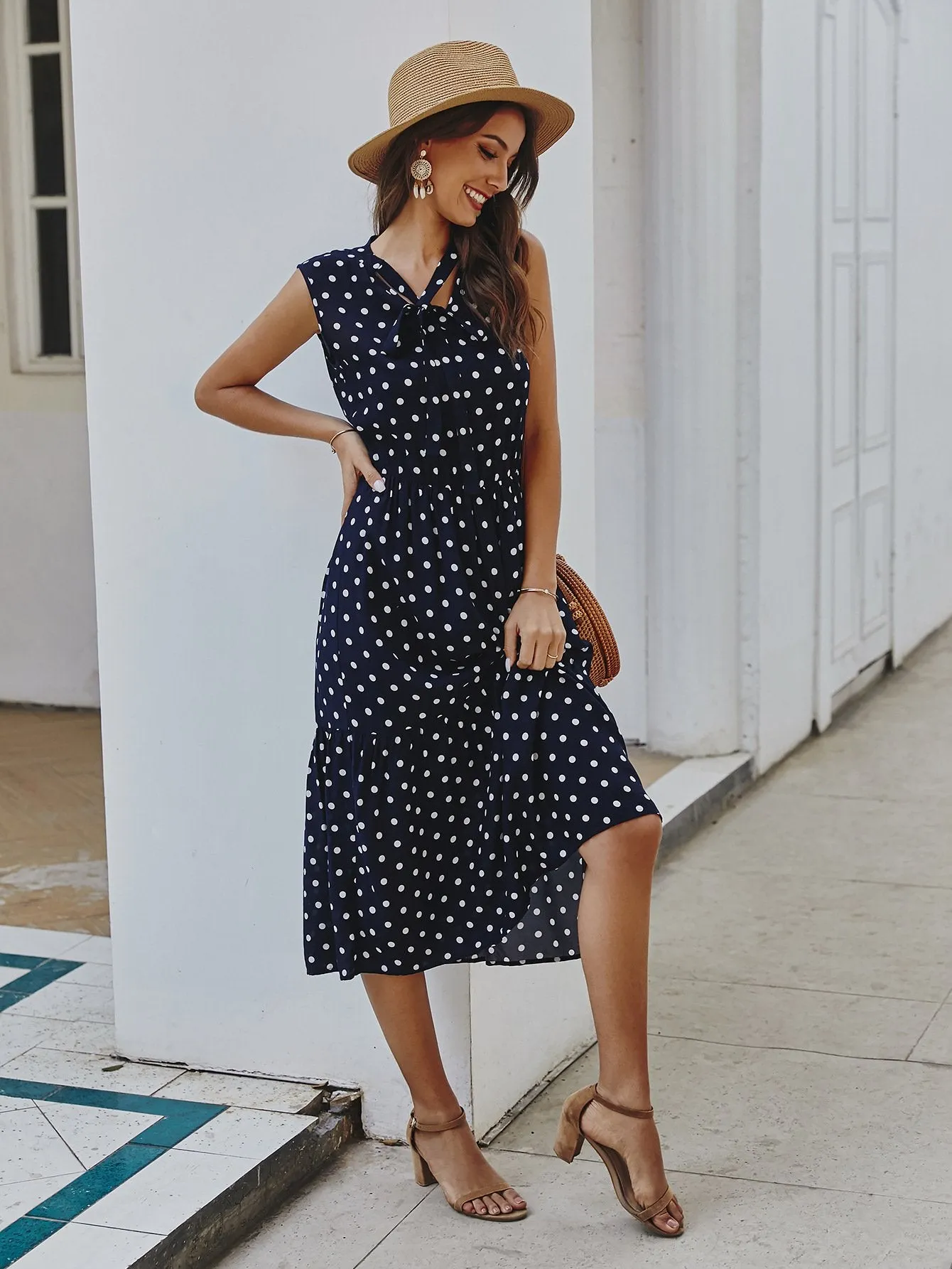 Polka Dot Tie Front V Neck Long Dress