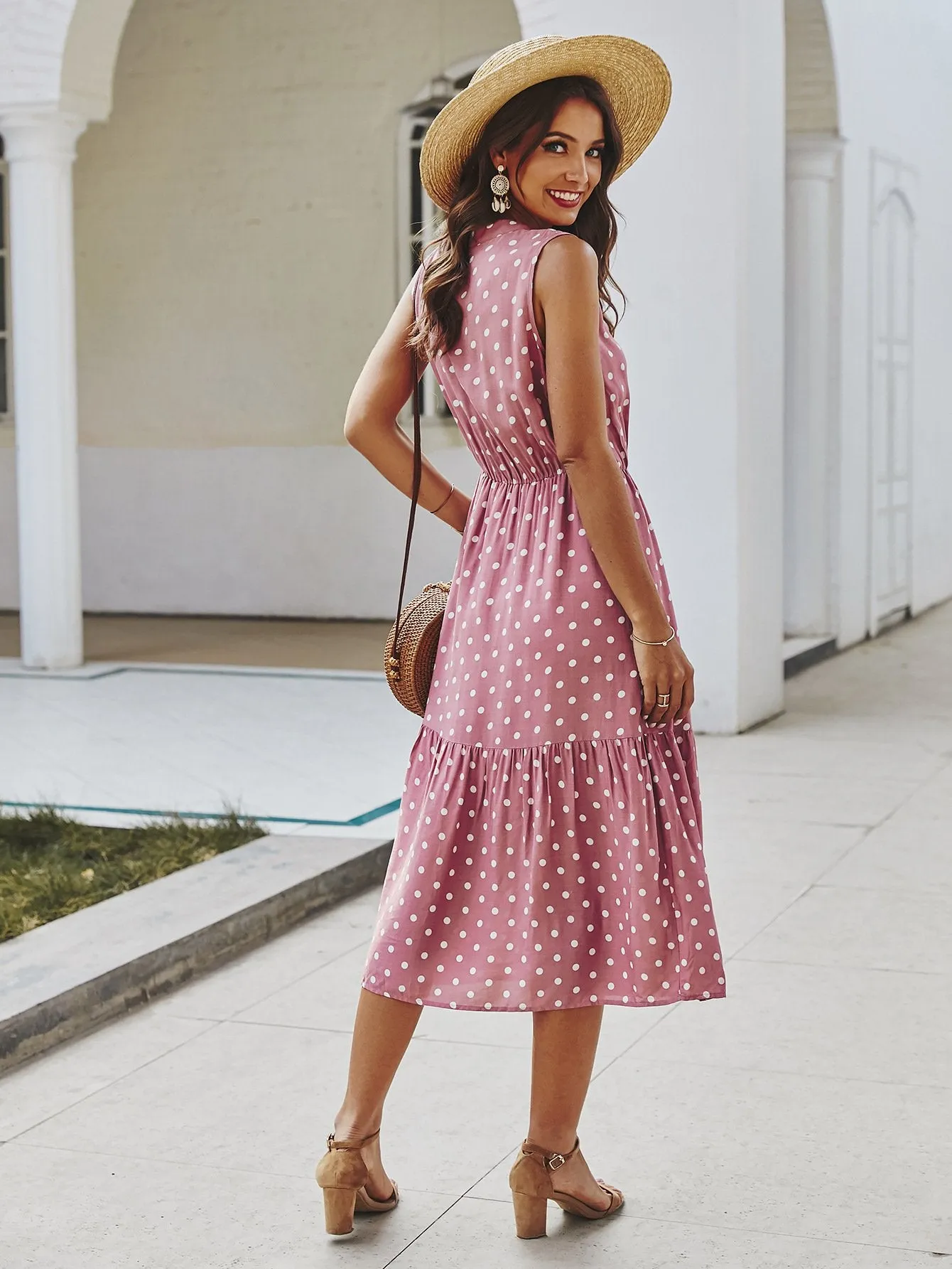 Polka Dot Tie Front V Neck Long Dress