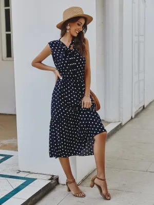 Polka Dot Tie Front V Neck Long Dress