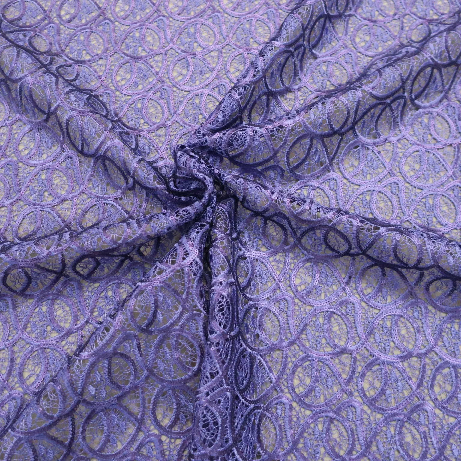 Purple Sequins Abstract Embroidered Guipure Lace Fabric