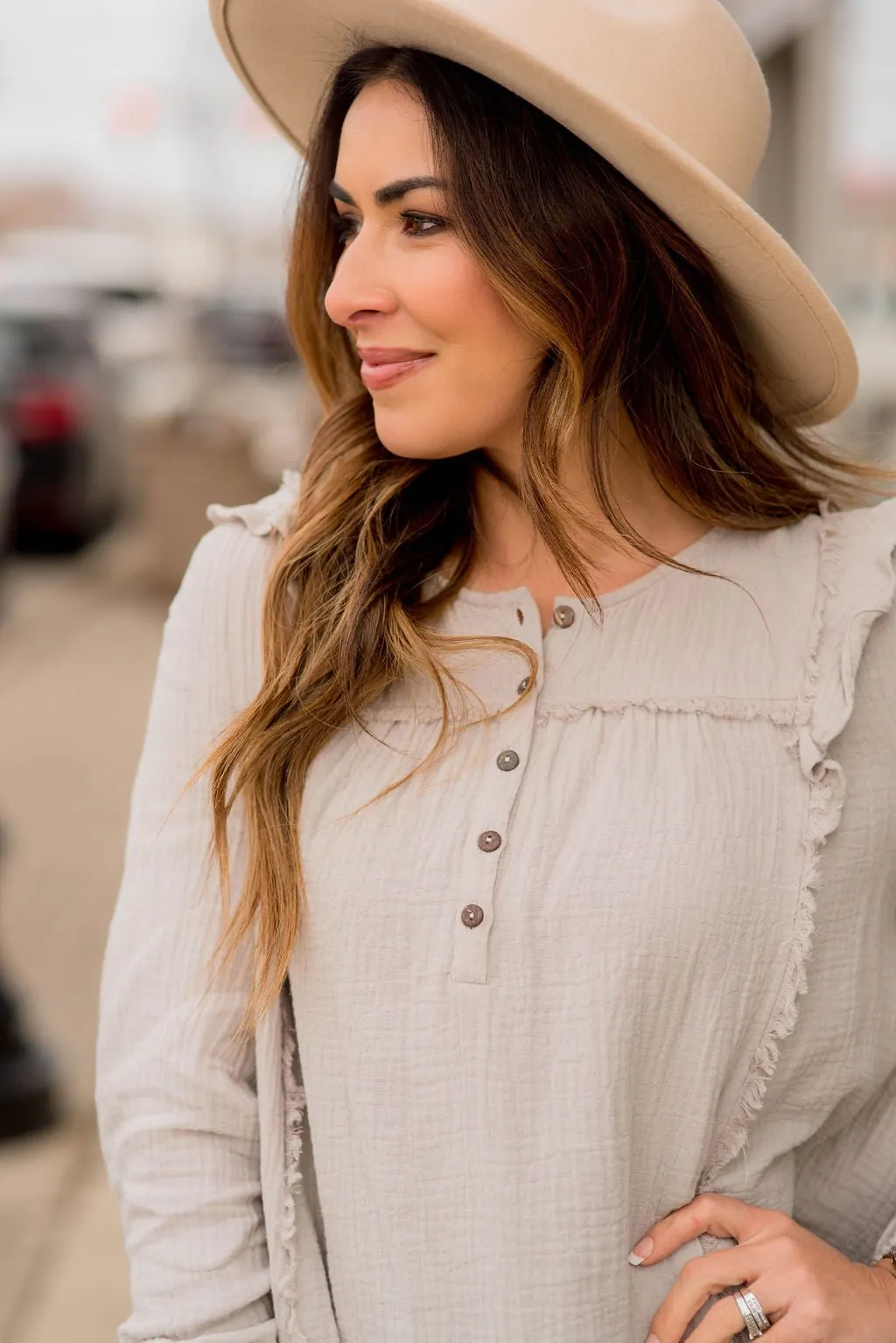 Raw Edge Button Top Blouse