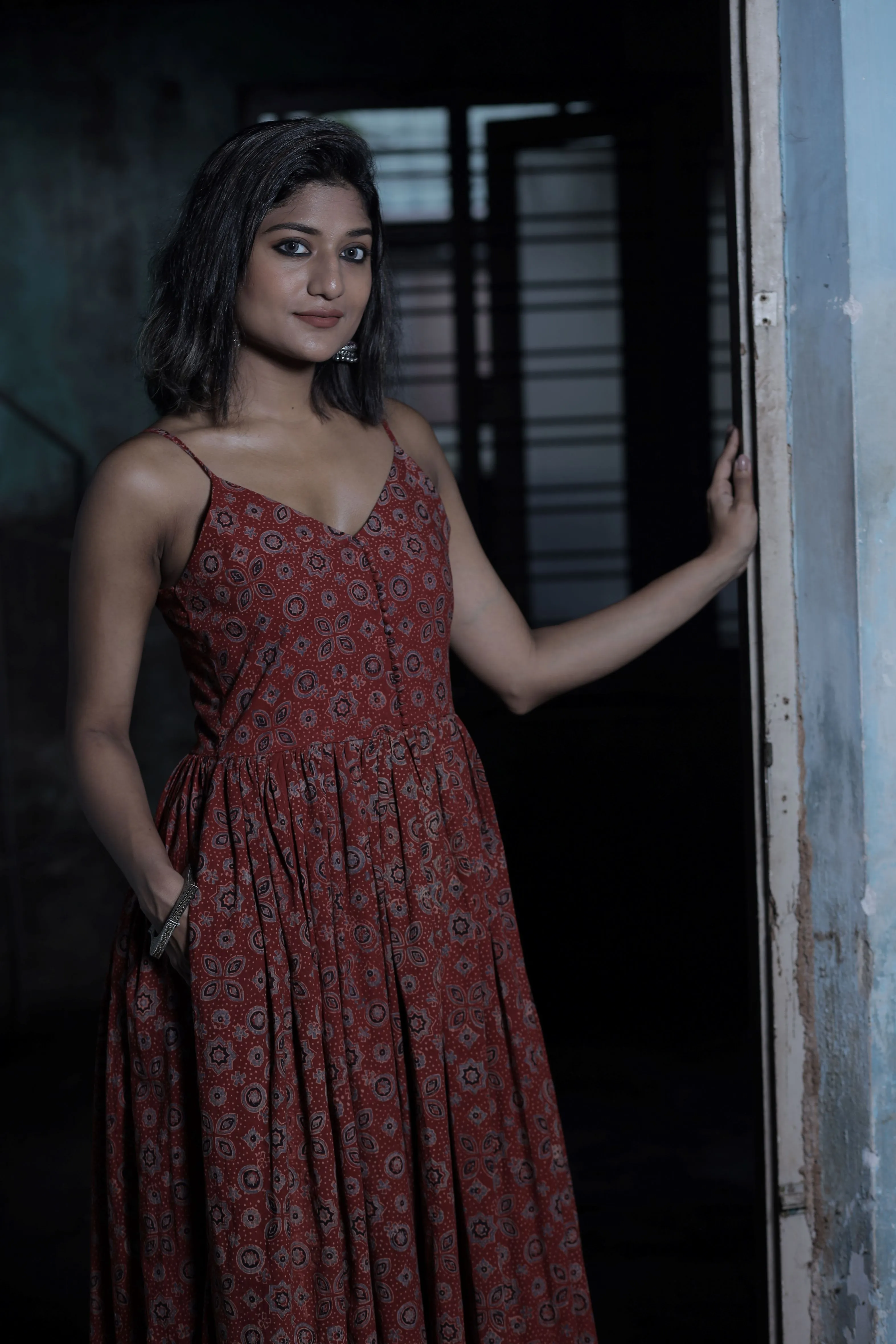 Red ajrakh print strappy gown