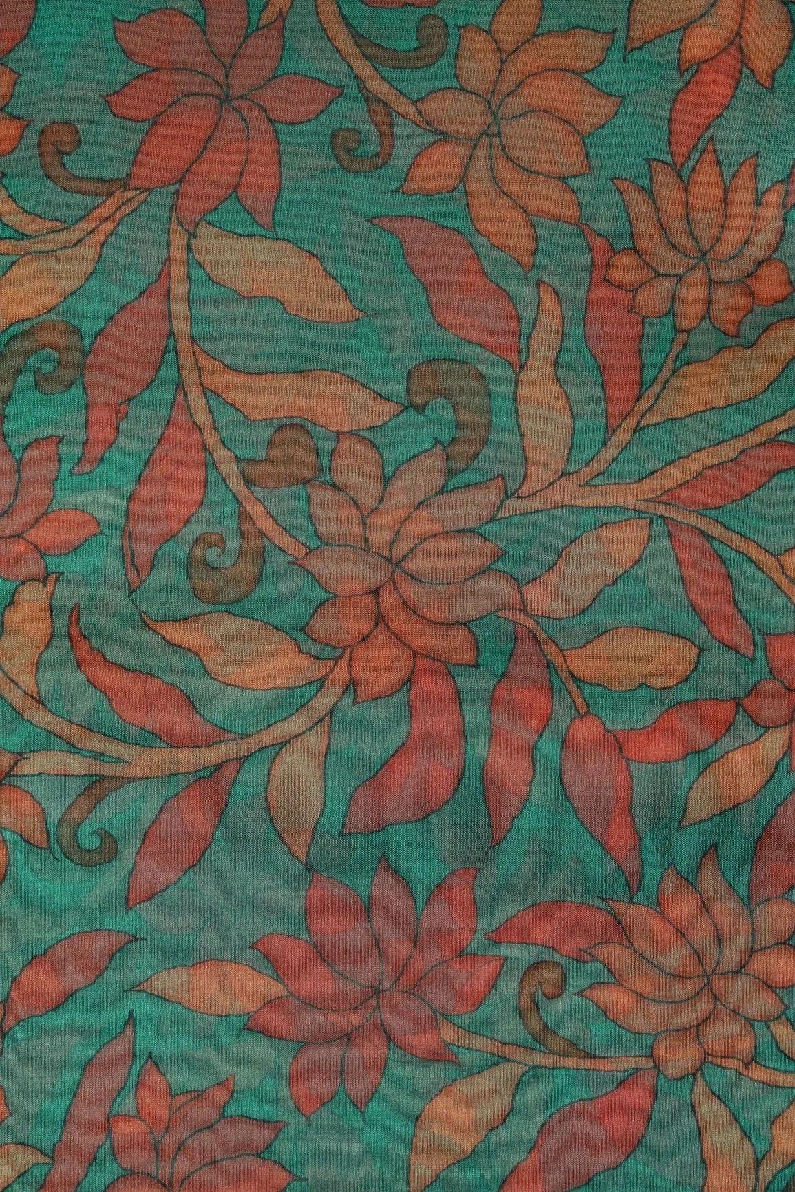 Red Floral Digital Print On Rama Organza Fabric