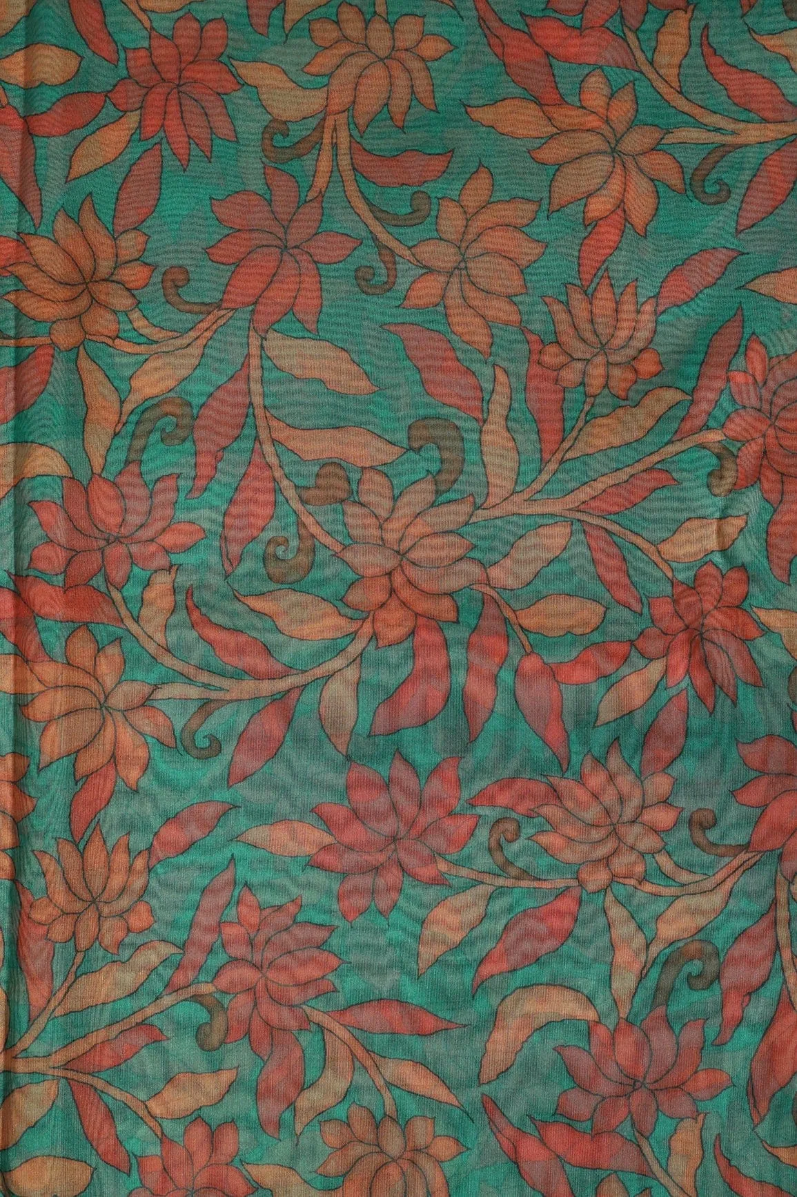 Red Floral Digital Print On Rama Organza Fabric