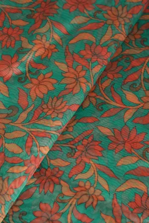 Red Floral Digital Print On Rama Organza Fabric