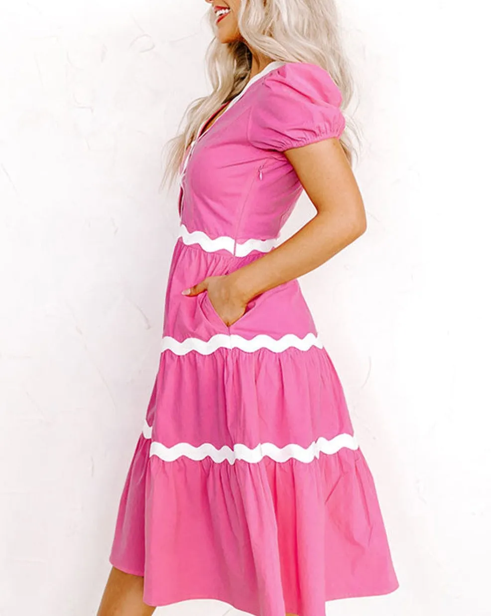 Ric-Rac Puff Sleeve Midi Dress