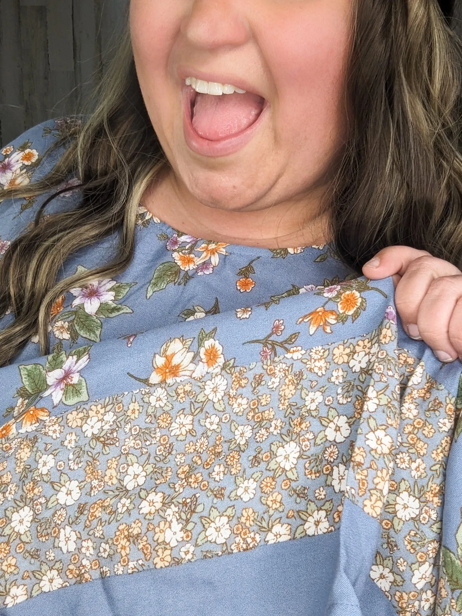 SALE- Constantine Sharkbite Hem Short Sleeve Top in Dusty Blue Florals