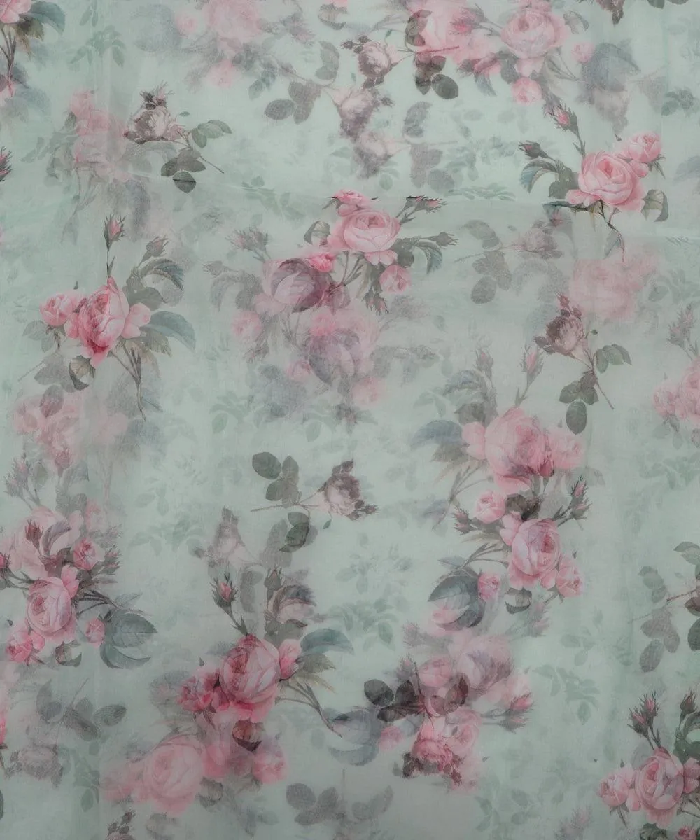 Sea Green Colour Floral Print Organza Fabric