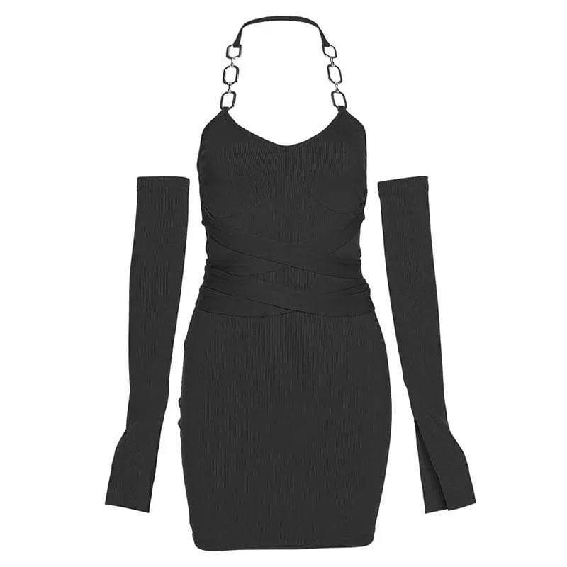 Self tie ribbed metal chain off shoulder long sleeve dress