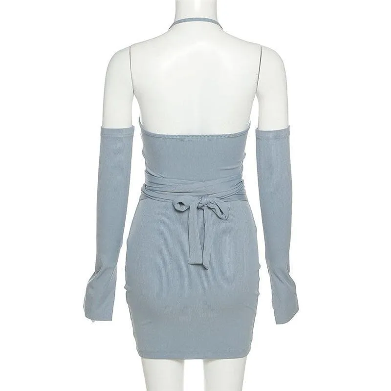 Self tie ribbed metal chain off shoulder long sleeve dress