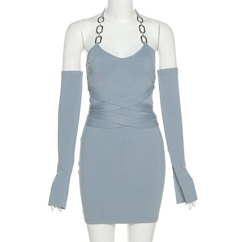 Self tie ribbed metal chain off shoulder long sleeve dress