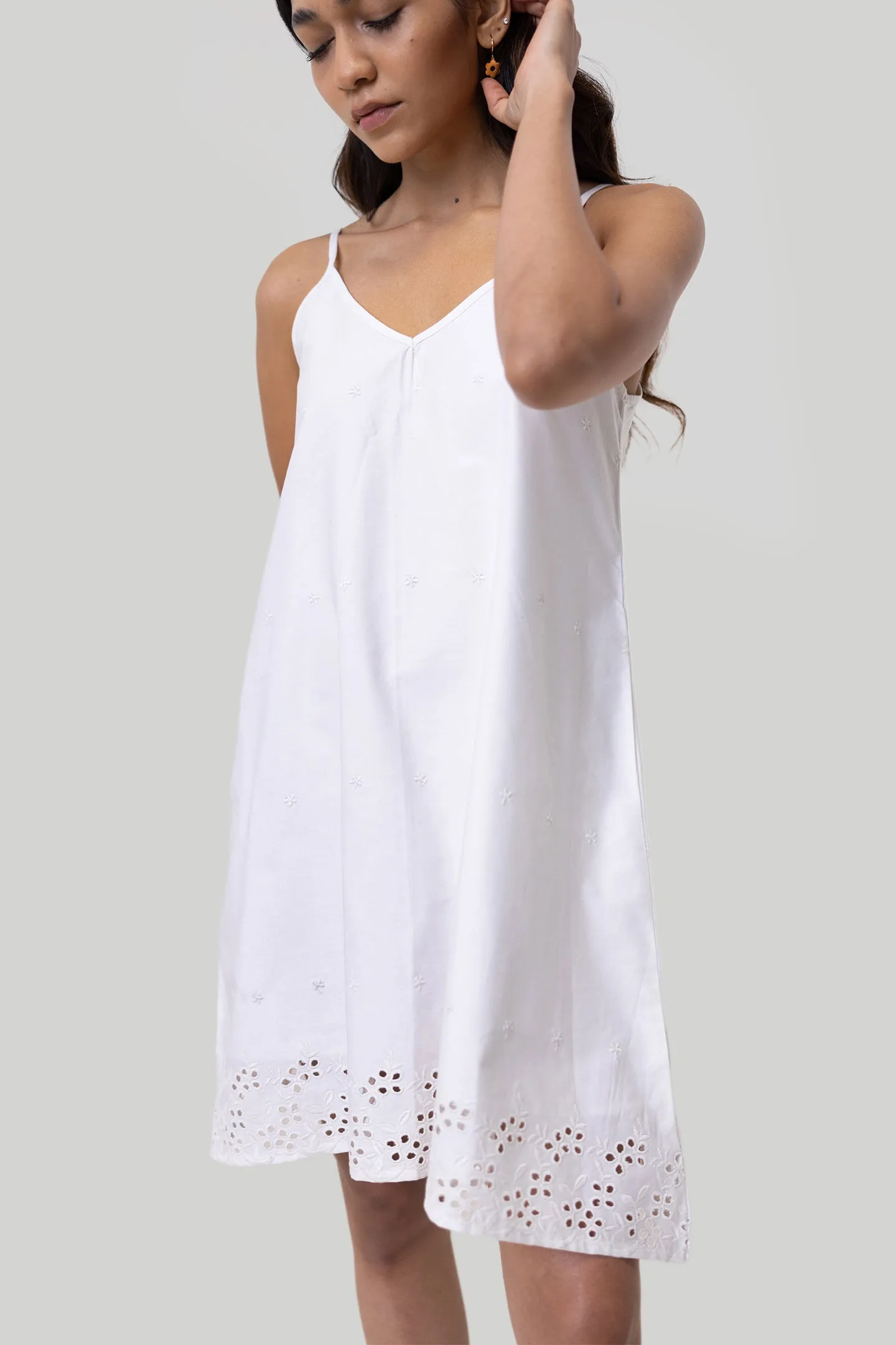 Short Tent Dress in White Embroidery