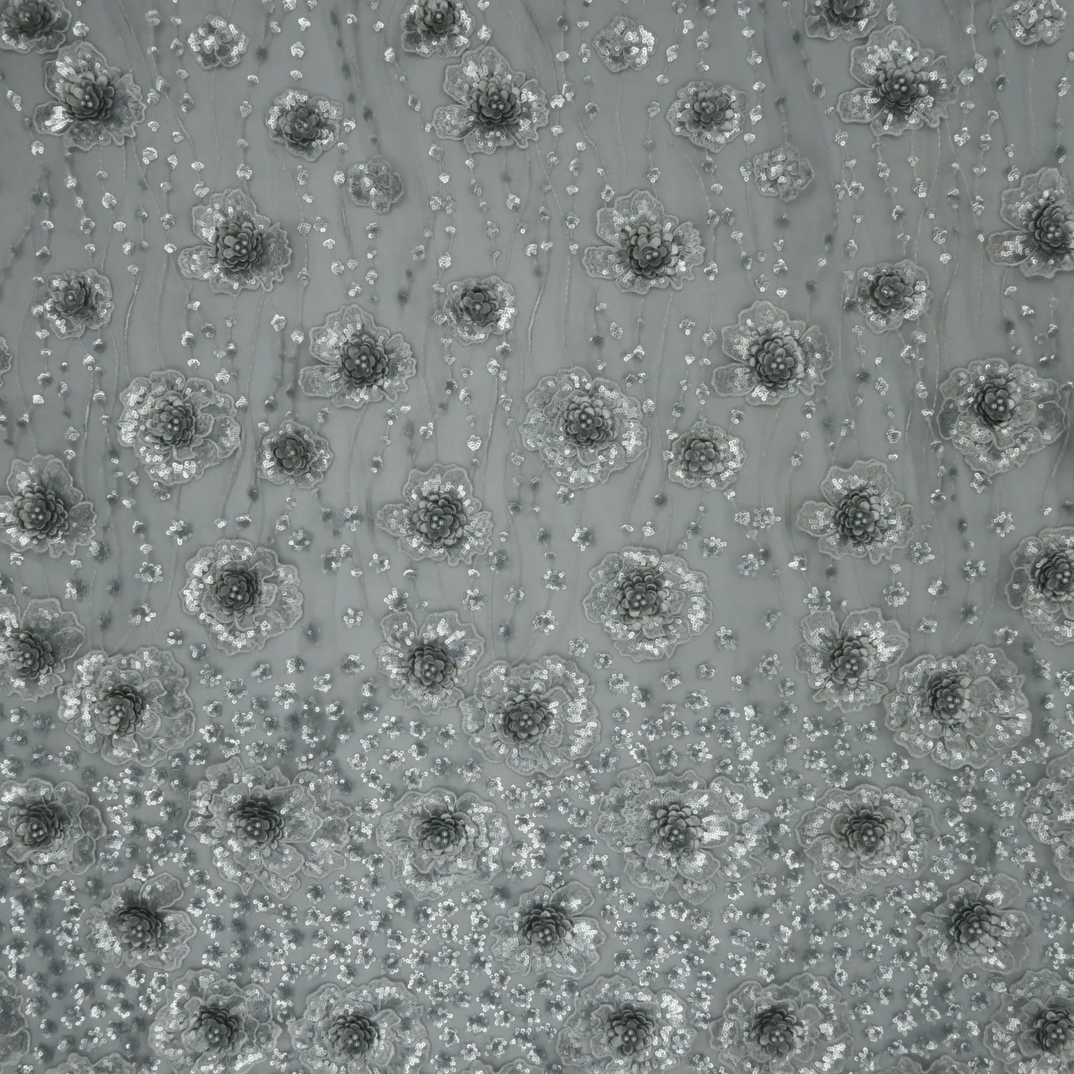 Silver Sequined Embroidered Tulle Fabric