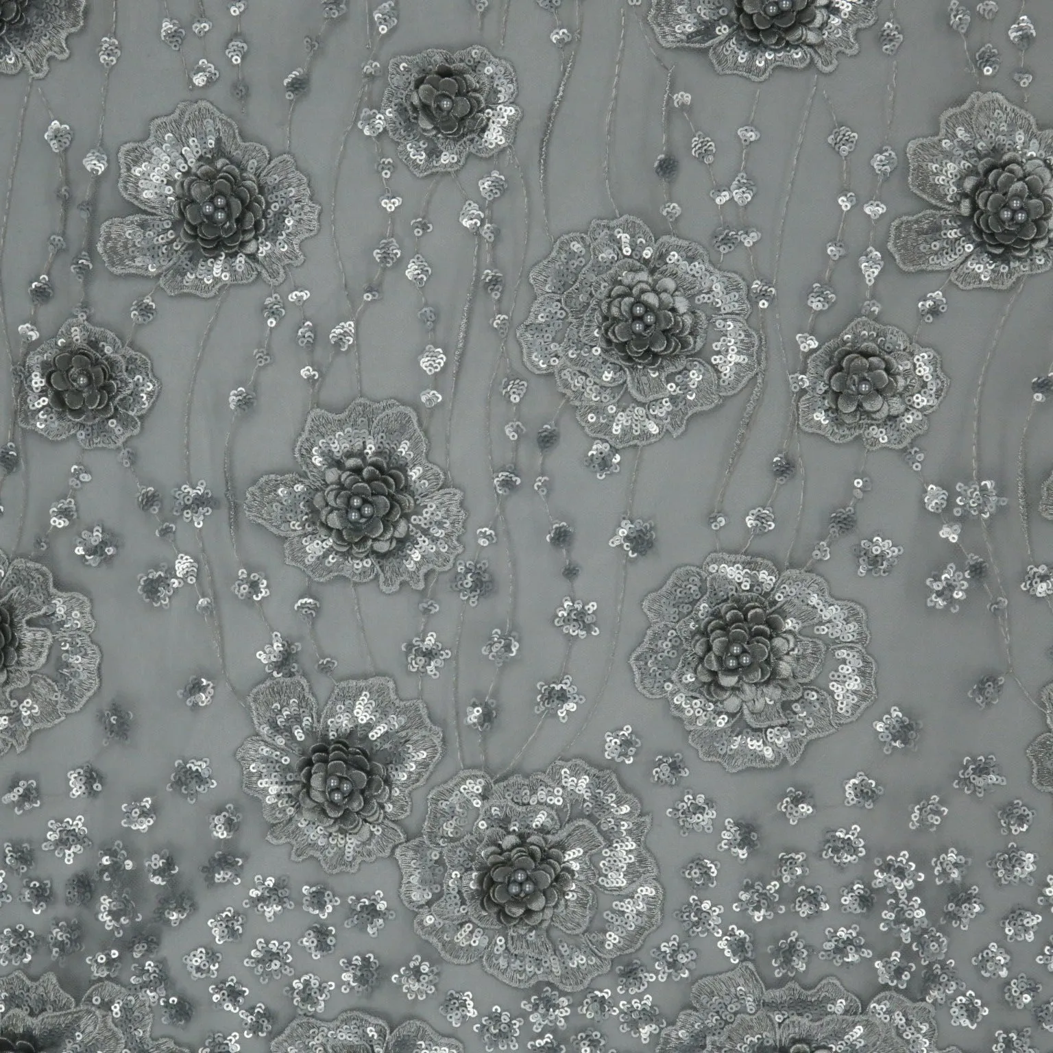 Silver Sequined Embroidered Tulle Fabric