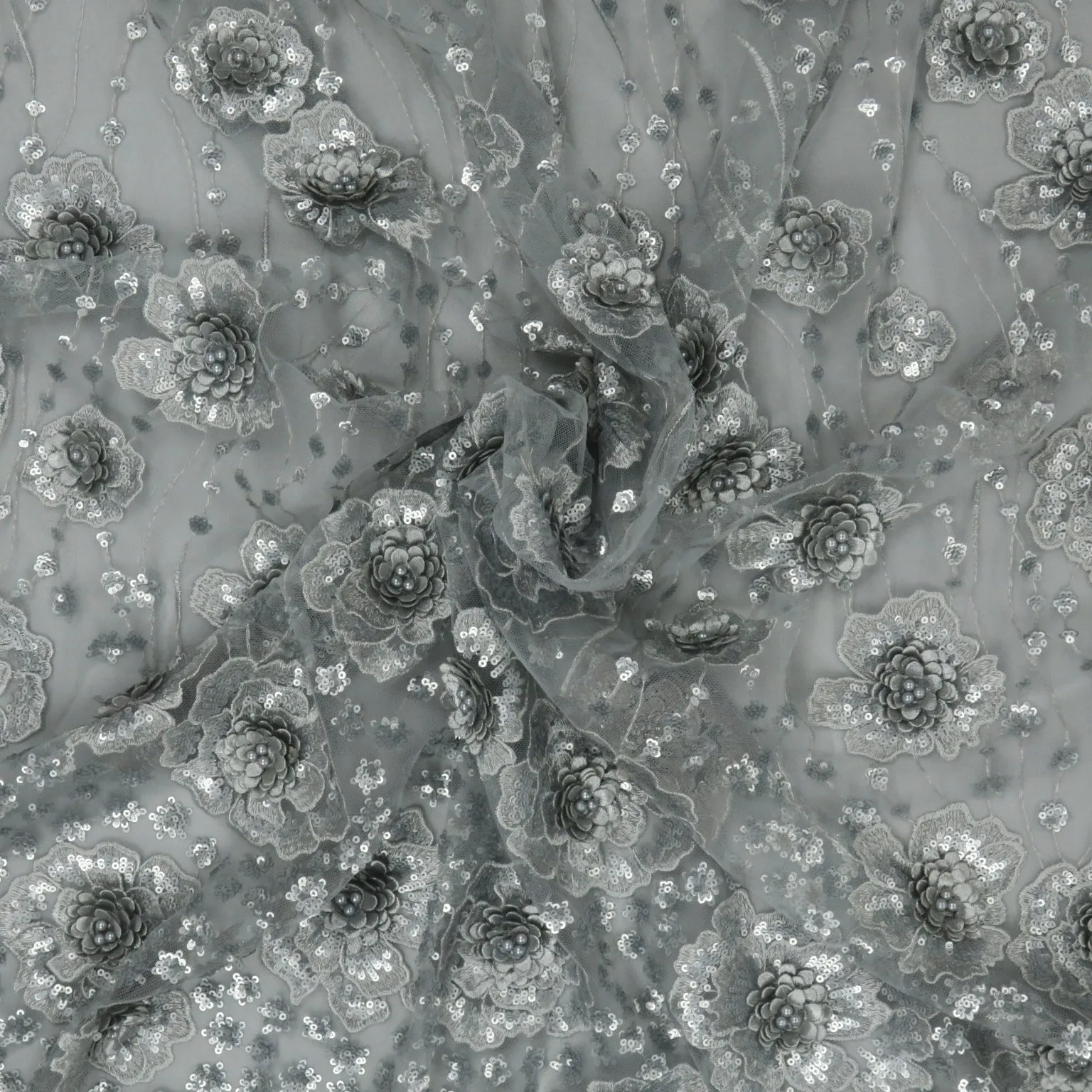 Silver Sequined Embroidered Tulle Fabric