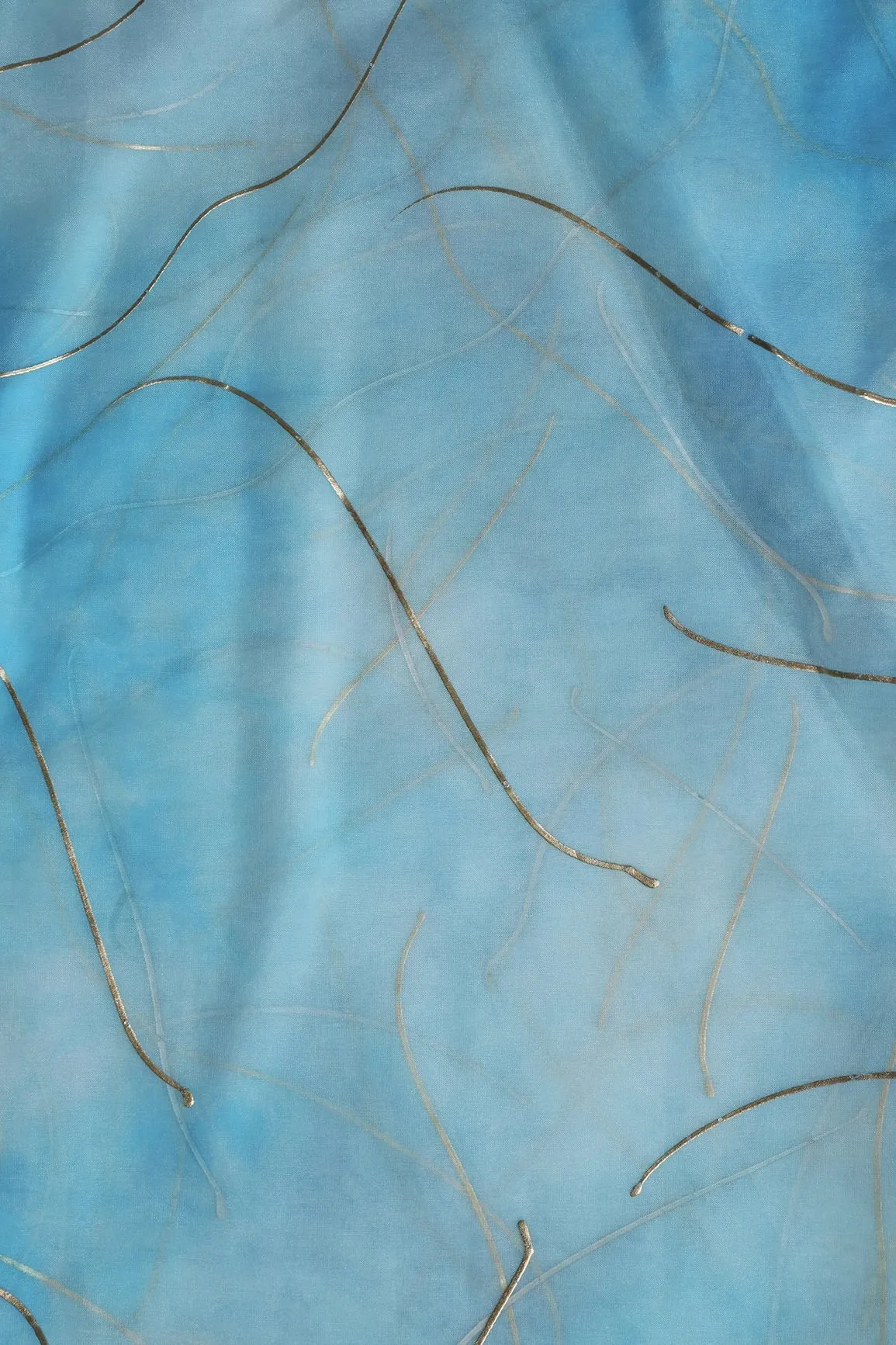 Sky Blue Tie & Dye Shibori Foil Print On Organza Fabric