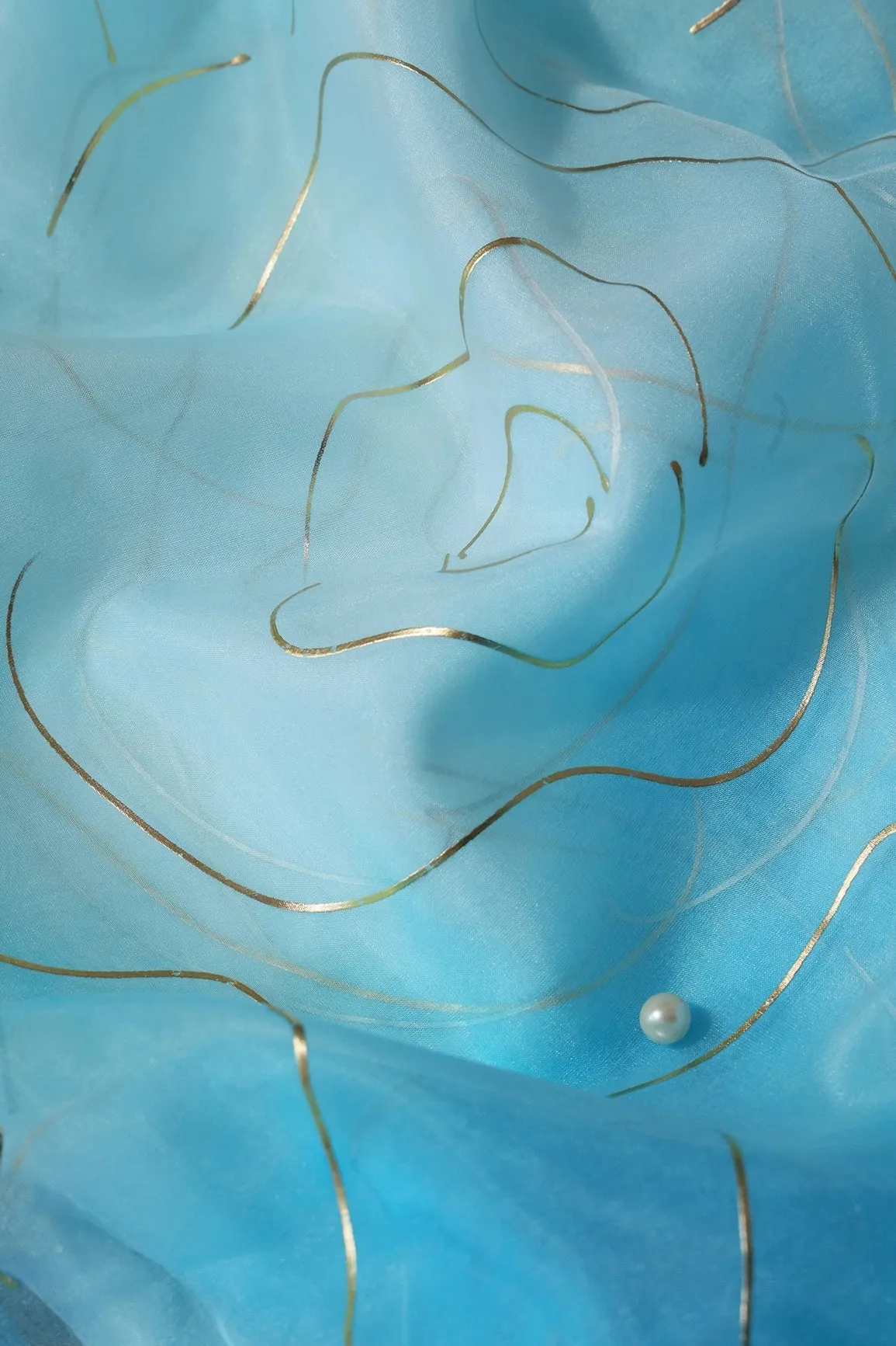 Sky Blue Tie & Dye Shibori Foil Print On Organza Fabric