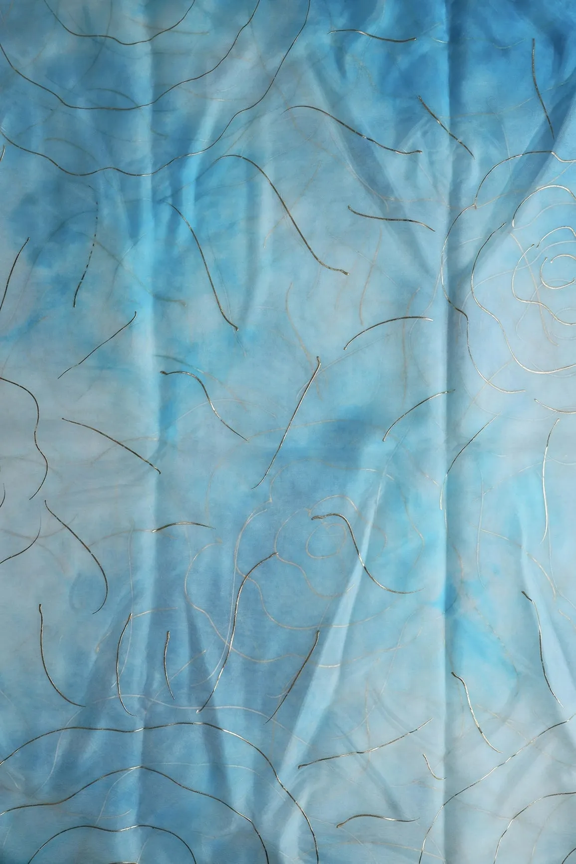 Sky Blue Tie & Dye Shibori Foil Print On Organza Fabric