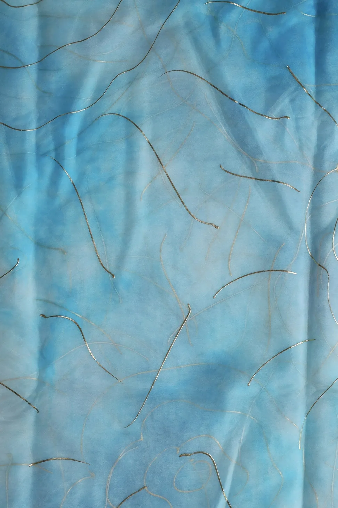 Sky Blue Tie & Dye Shibori Foil Print On Organza Fabric