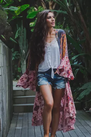Sparrow Patchwork Ruffled Boho Kimono Duster - Curvy