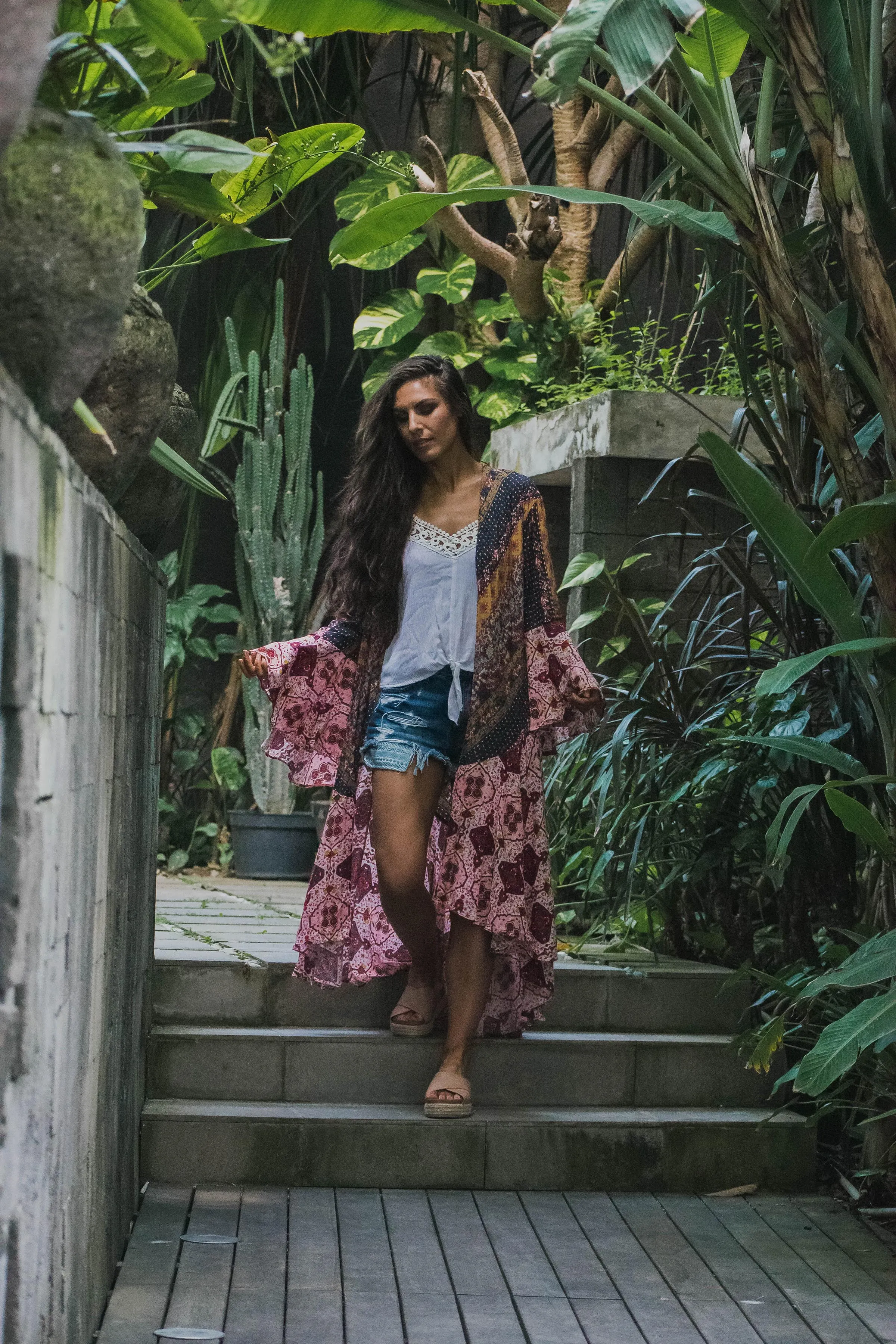 Sparrow Patchwork Ruffled Boho Kimono Duster - Curvy