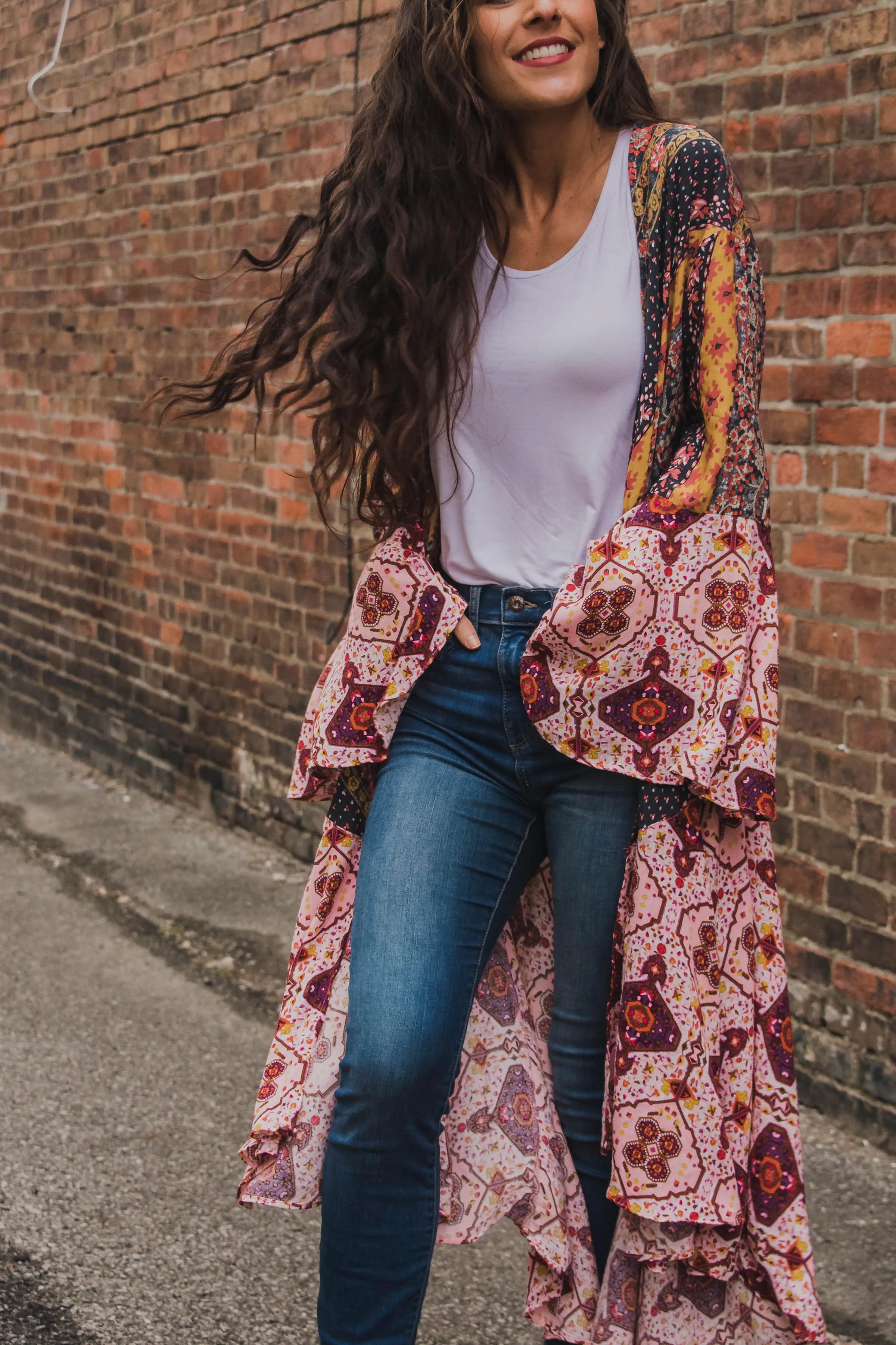 Sparrow Patchwork Ruffled Boho Kimono Duster - Curvy
