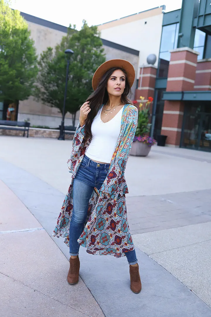 Sparrow Patchwork Ruffled Boho Kimono Duster - Dusty Mint