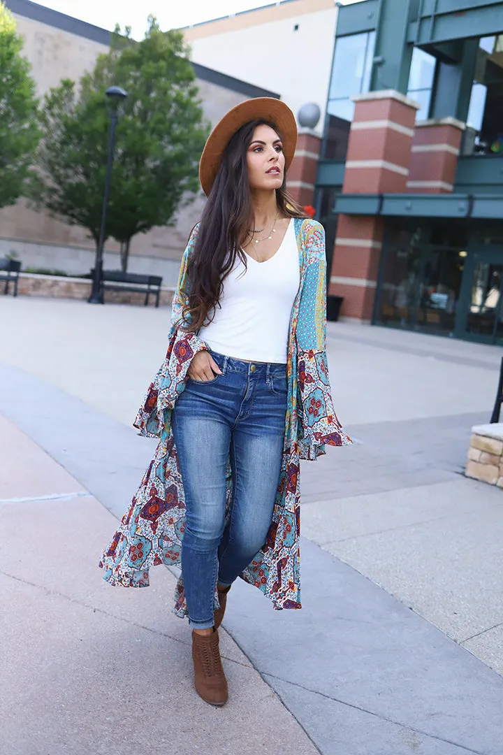 Sparrow Patchwork Ruffled Boho Kimono Duster - Dusty Mint