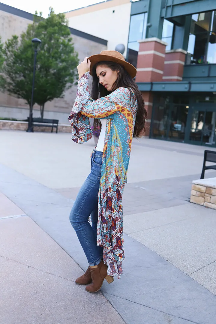 Sparrow Patchwork Ruffled Boho Kimono Duster - Dusty Mint